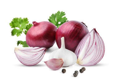 Image of Red onions, coriander, peppercorns, garlic bulb and clove on white background