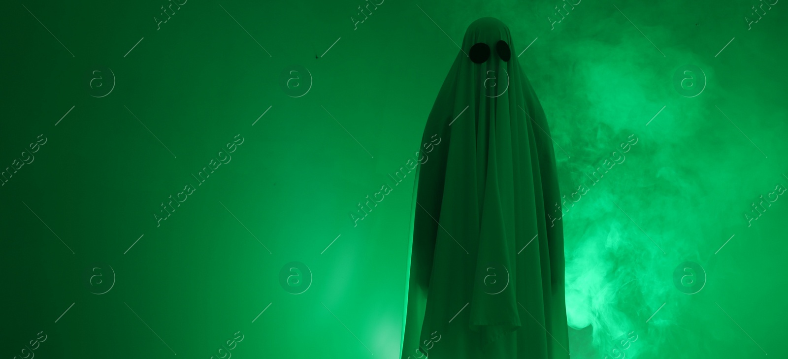 Photo of Creepy ghost. Woman covered with sheet in green light, space for text