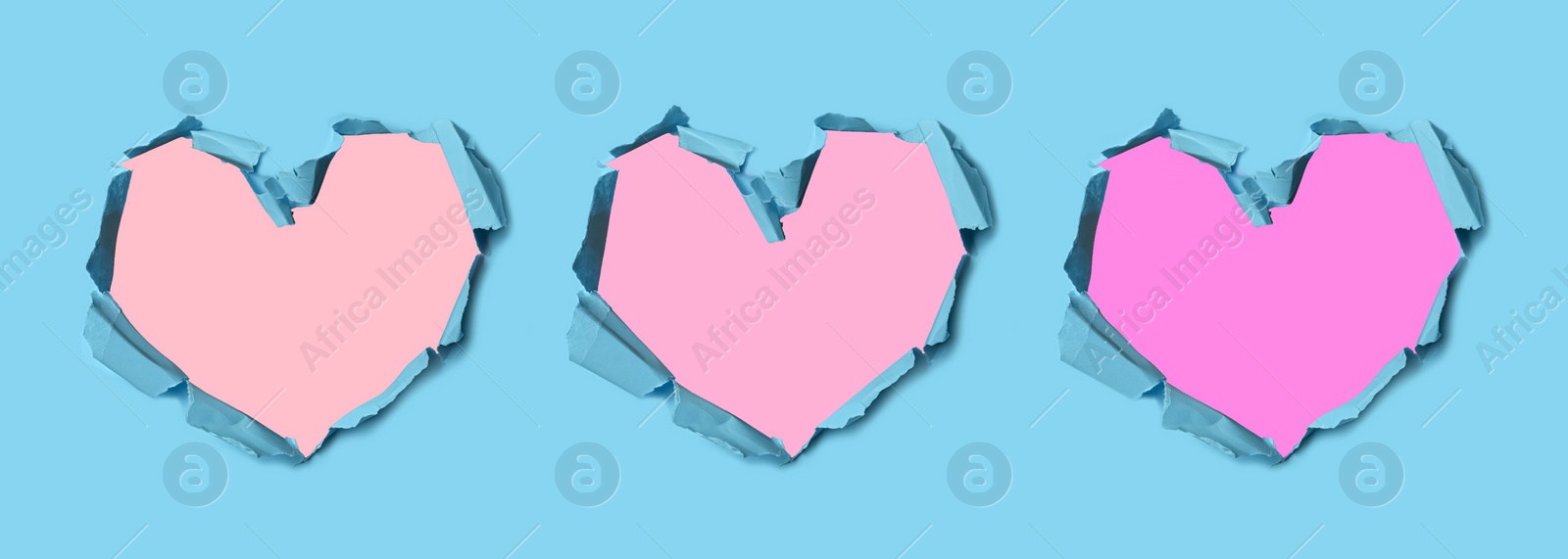 Image of Light blue paper with heart shaped holes on color background, collage design