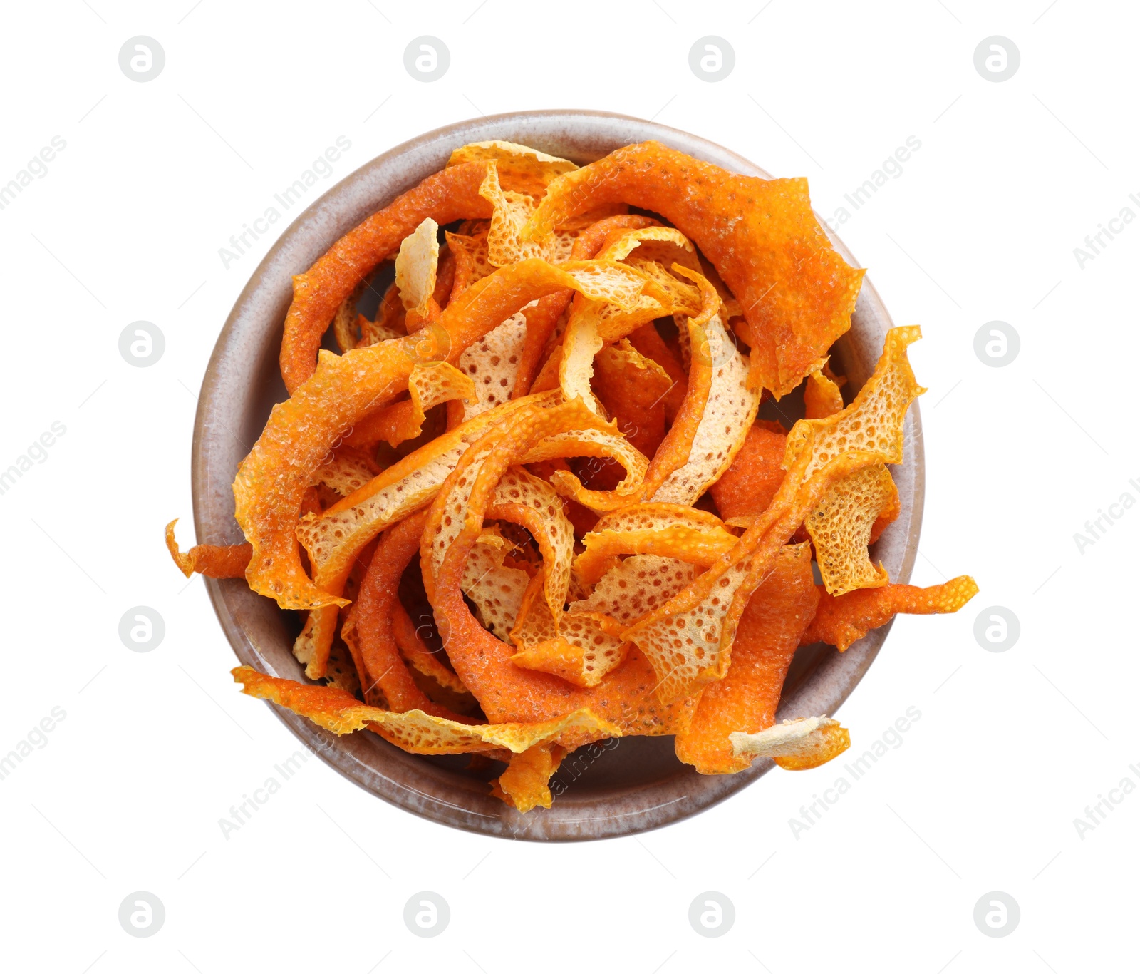 Photo of Dry orange peels in wooden bowl isolated on white, top view