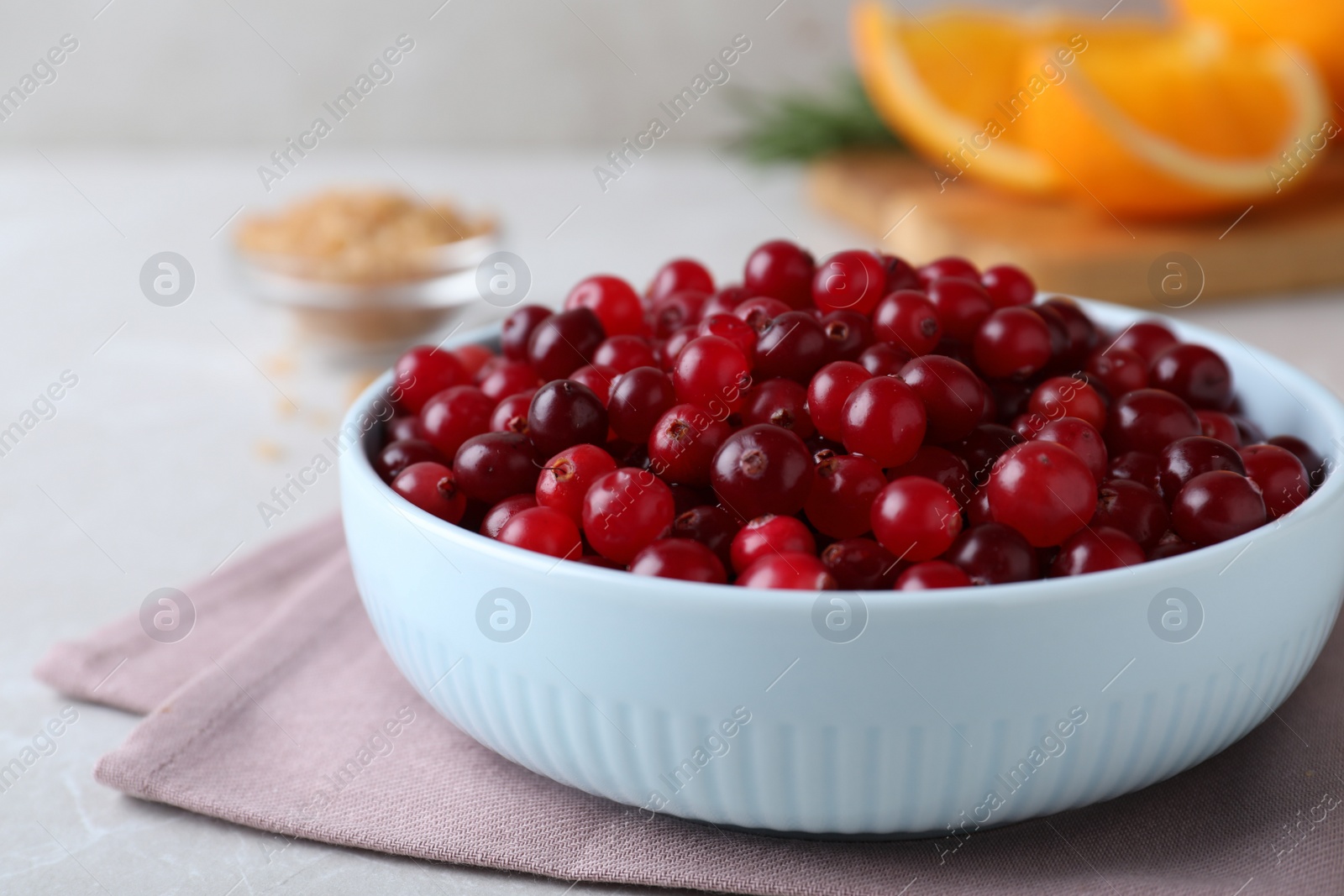Photo of Fresh ripe cranberries in bowl on light table, closeup