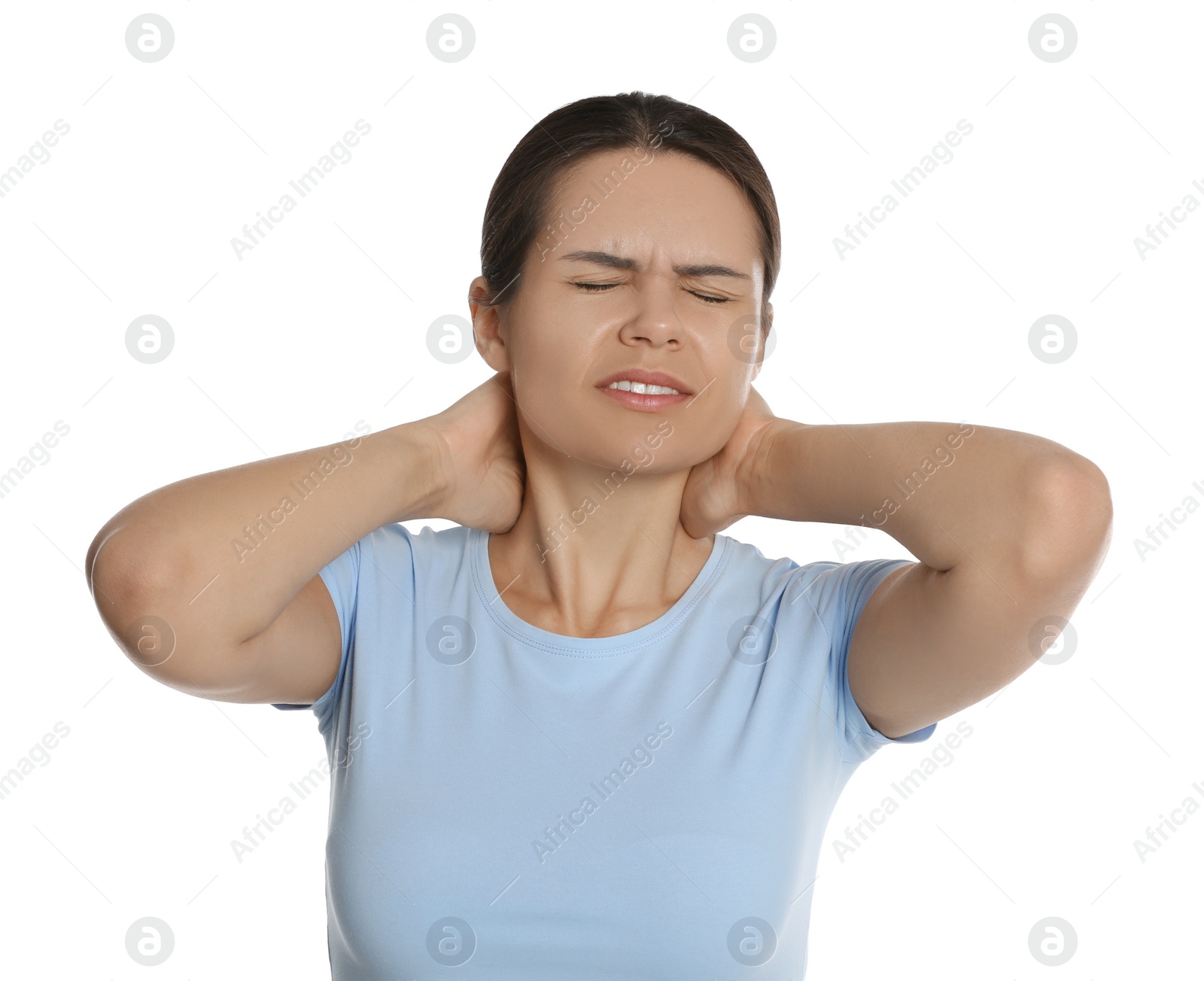 Photo of Young woman suffering from neck pain on white background