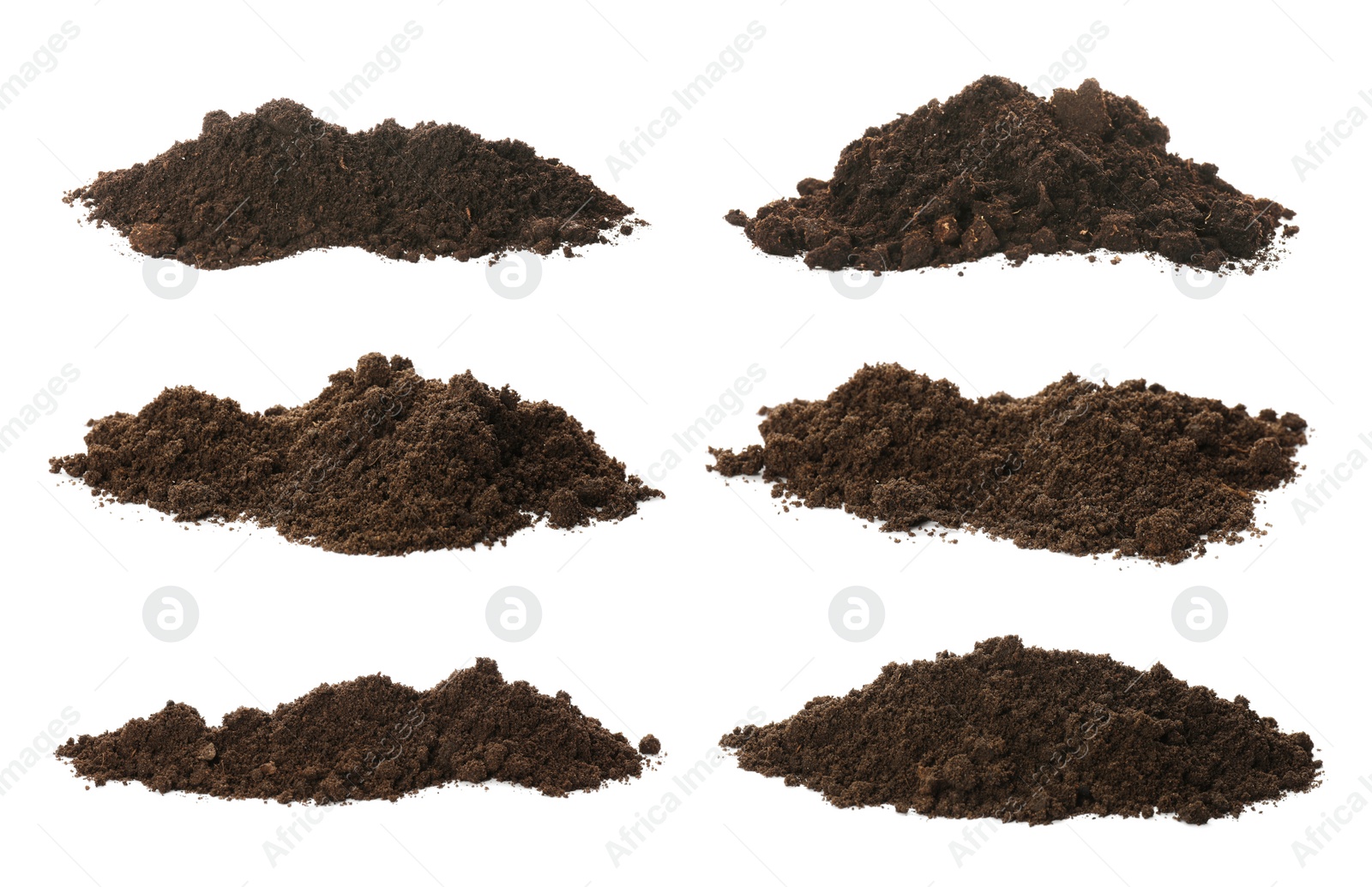 Image of Set with piles of fertile soil on white background