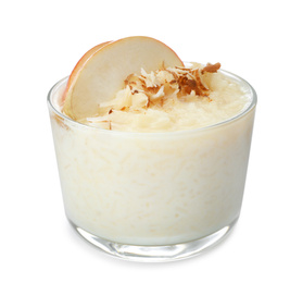 Photo of Delicious rice pudding with apple and almond isolated on white