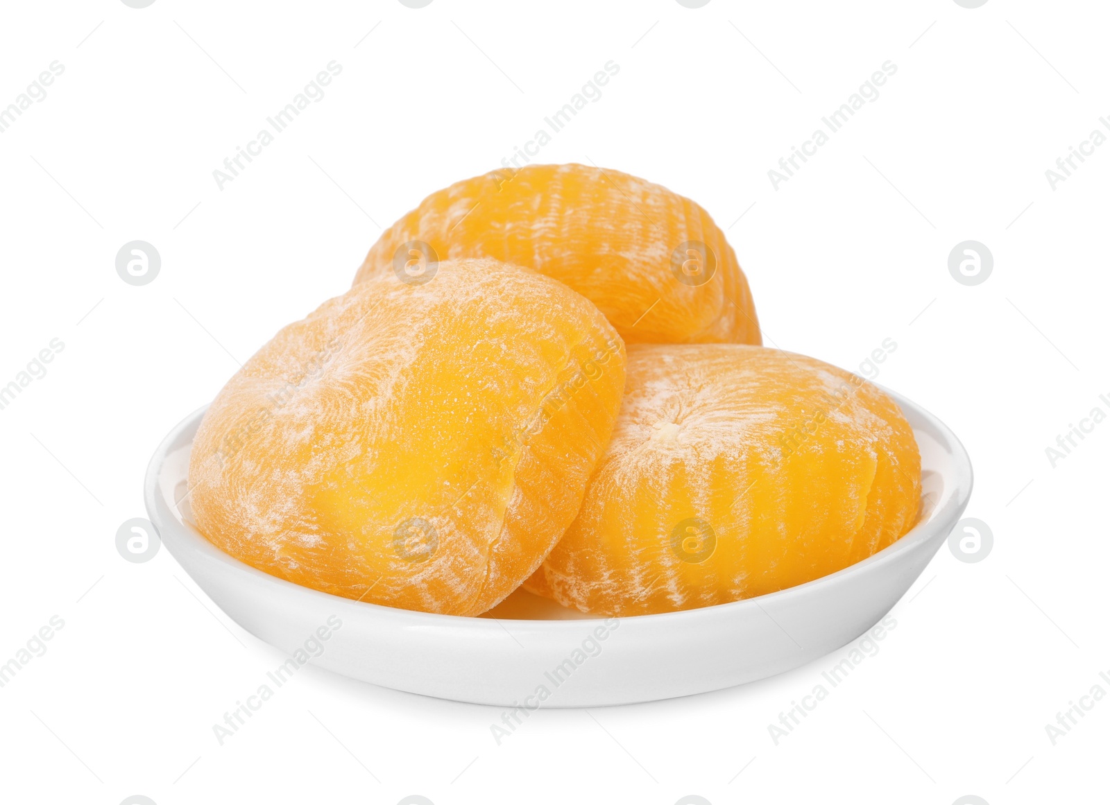 Photo of Plate with delicious mochi on white background. Traditional Japanese dessert