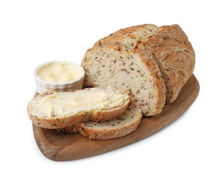 Photo of Tasty bread with butter on white background