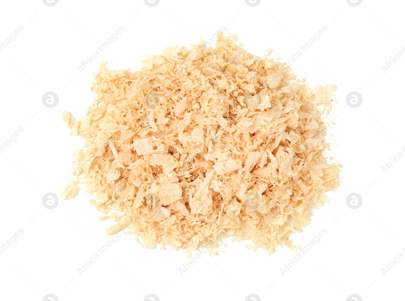 Photo of Pile of natural sawdust isolated on white, top view