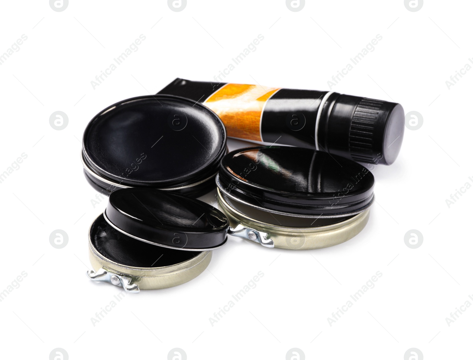 Photo of Shoe care accessories on white background. Footwear clean item