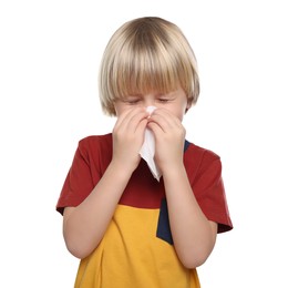 Photo of Boy blowing nose in tissue on white background. Cold symptoms