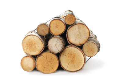 Photo of Bunch of cut firewood isolated on white