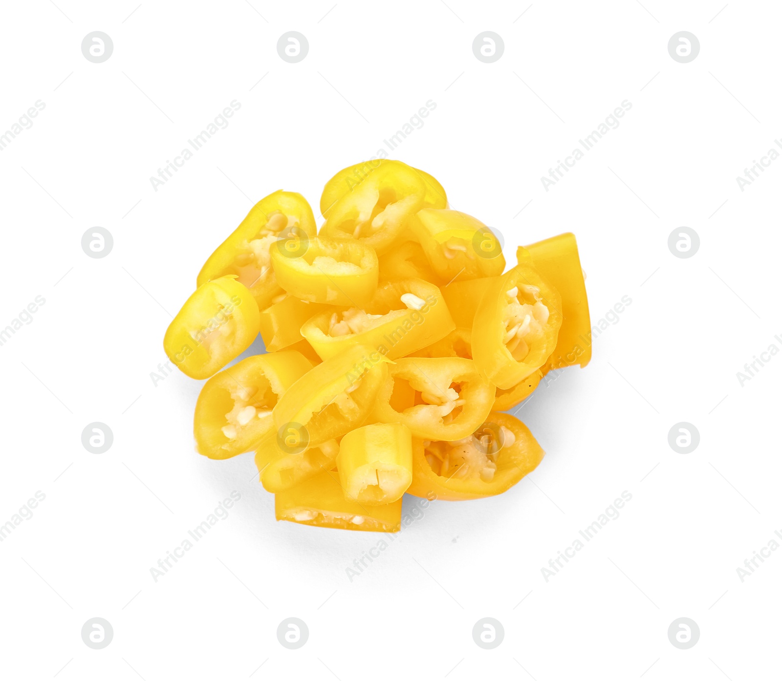 Photo of Pile of cut chili peppers on white background, top view