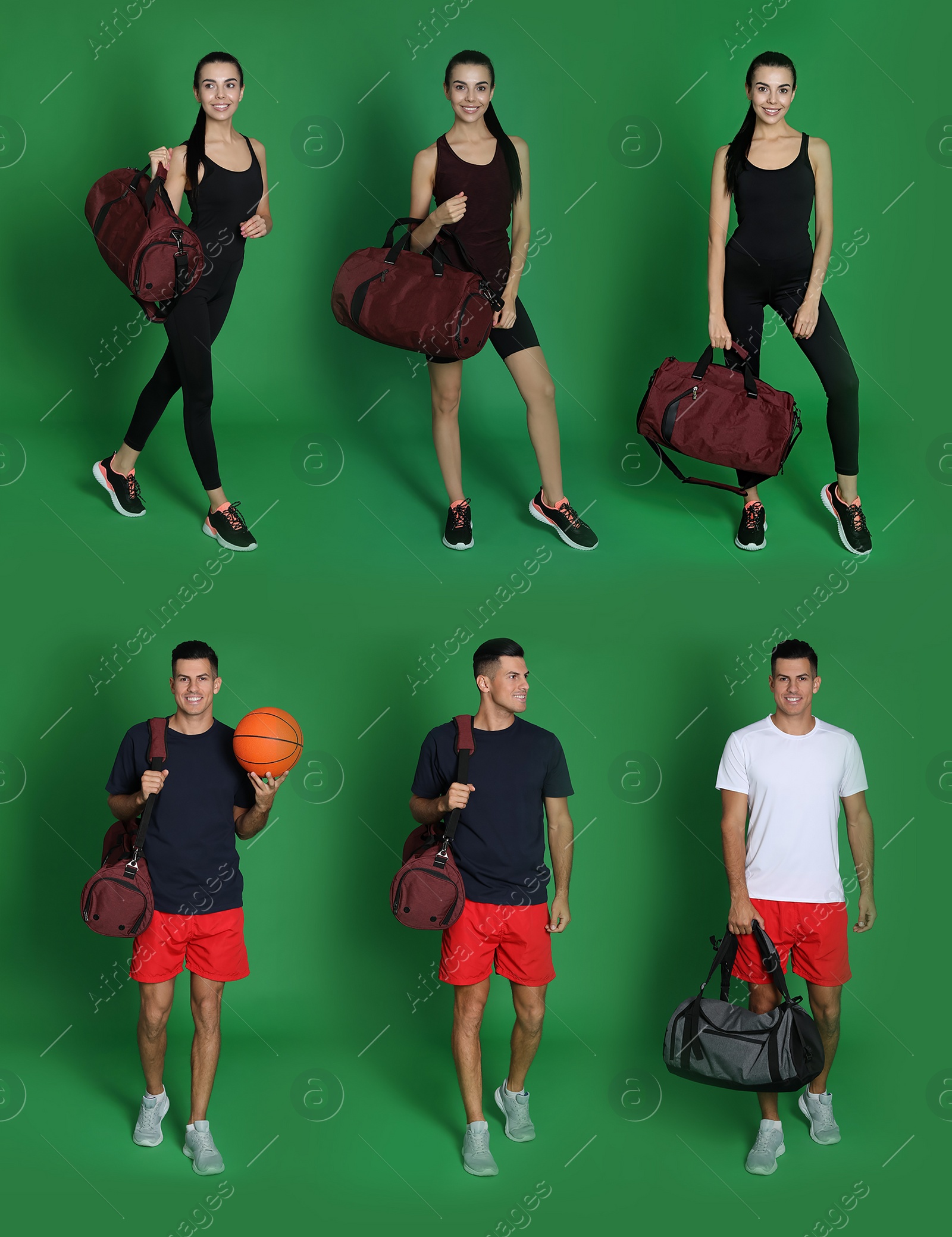 Image of People with sports bags on green background, collage