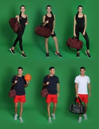 People with sports bags on green background, collage