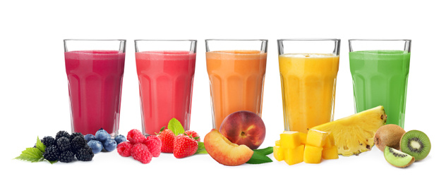 Image of Different delicious smoothies in glasses on white background. Banner design