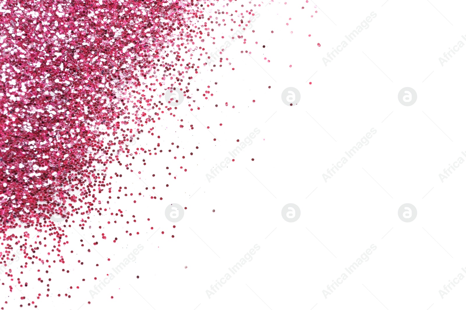 Photo of Pink glitter on white background, top view