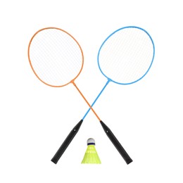 Image of Two badminton rackets and shuttlecock on white background. Sports equipment