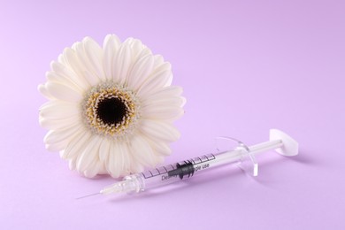 Photo of Cosmetology. Medical syringe and gerbera flower on violet background