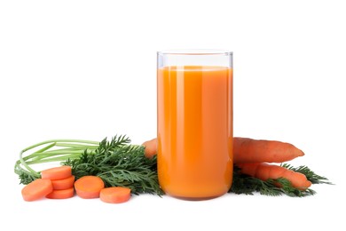 Photo of Freshly made carrot juice in glass isolated on white