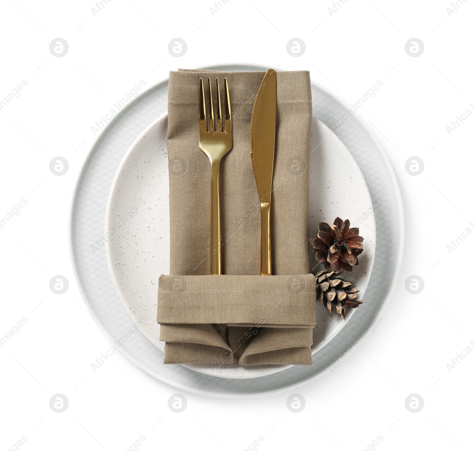 Photo of Elegant table setting on white background, top view