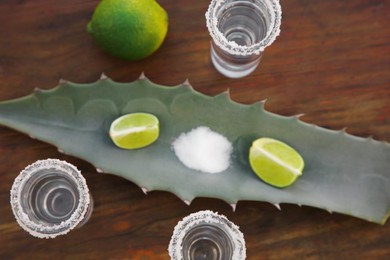 Photo of Mexican tequila shots, salt, lime and green leaf on wooden table, flat lay. Drink made of agava