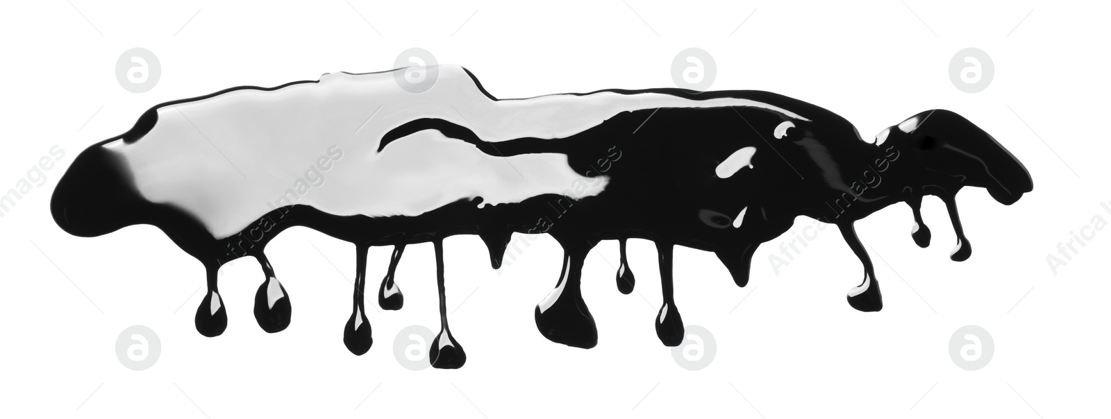 Photo of Black glossy paint spilled on white background, top view