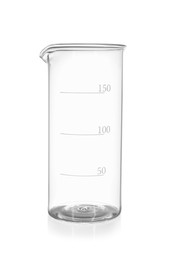 Photo of One empty glass beaker isolated on white