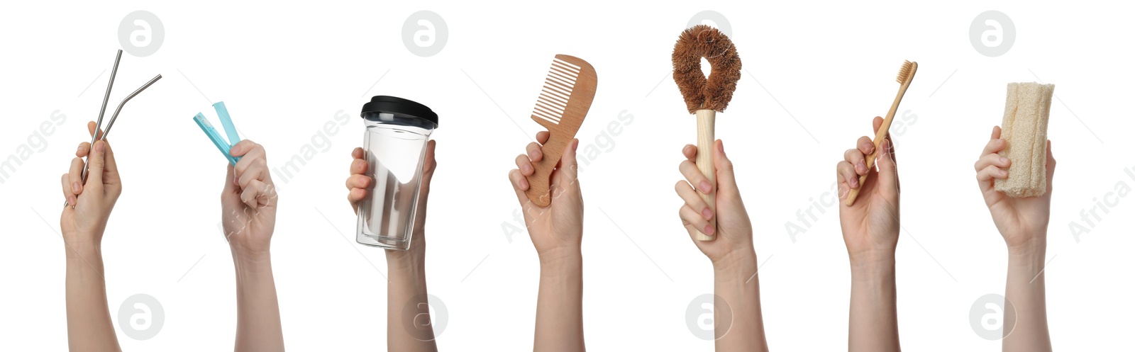 Image of Collage with photos of women holding different eco friendly items on white background, closeup. Conscious consumption