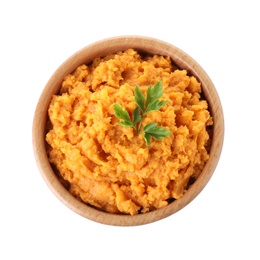 Bowl with mashed sweet potatoes on white background, top view