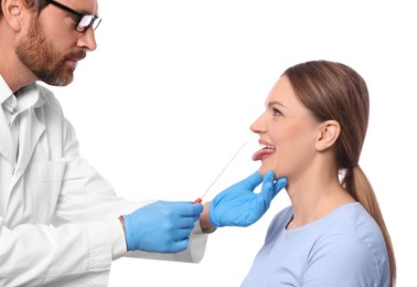 Photo of Doctor taking throat swab sample from woman`s oral cavity on white background
