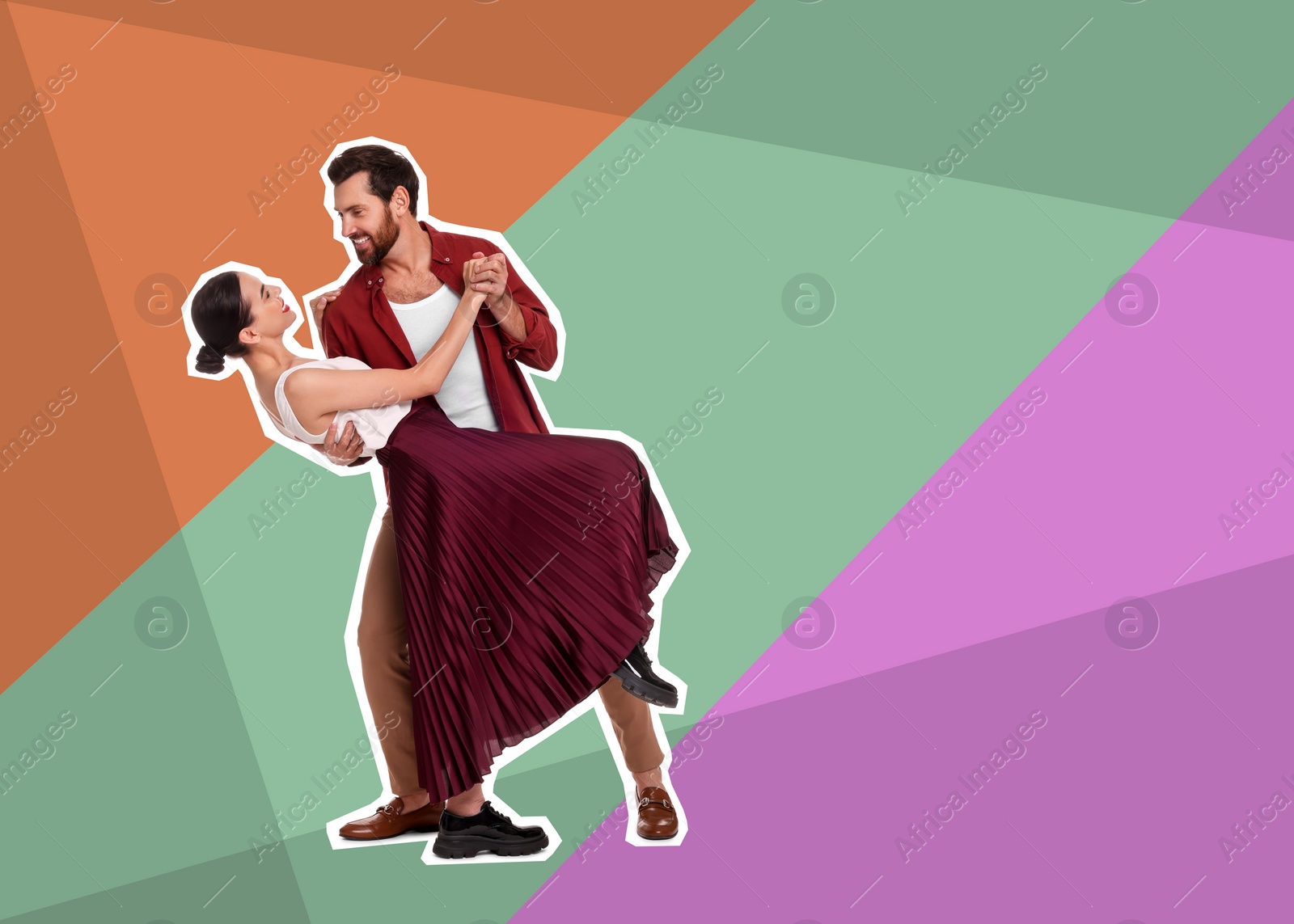Image of Pop art poster. Couple dancing on bright striped background, pin up style