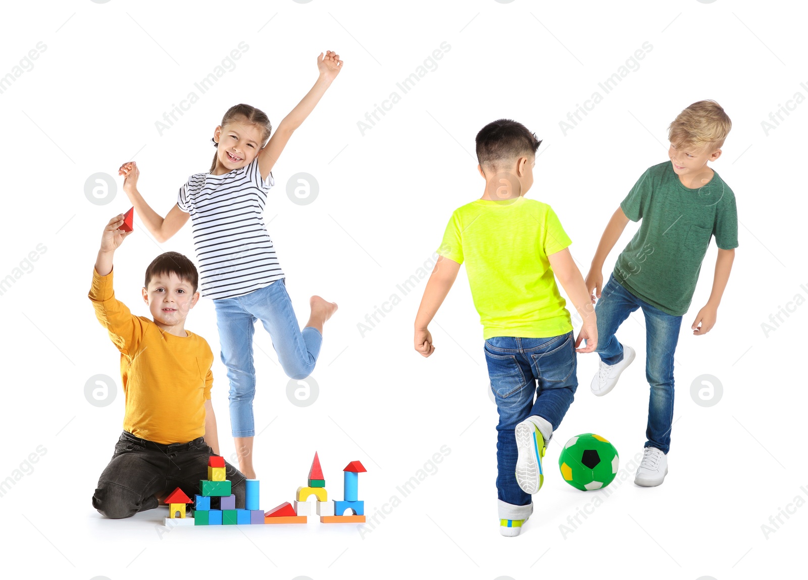 Image of Collage of cute little children playing on white background