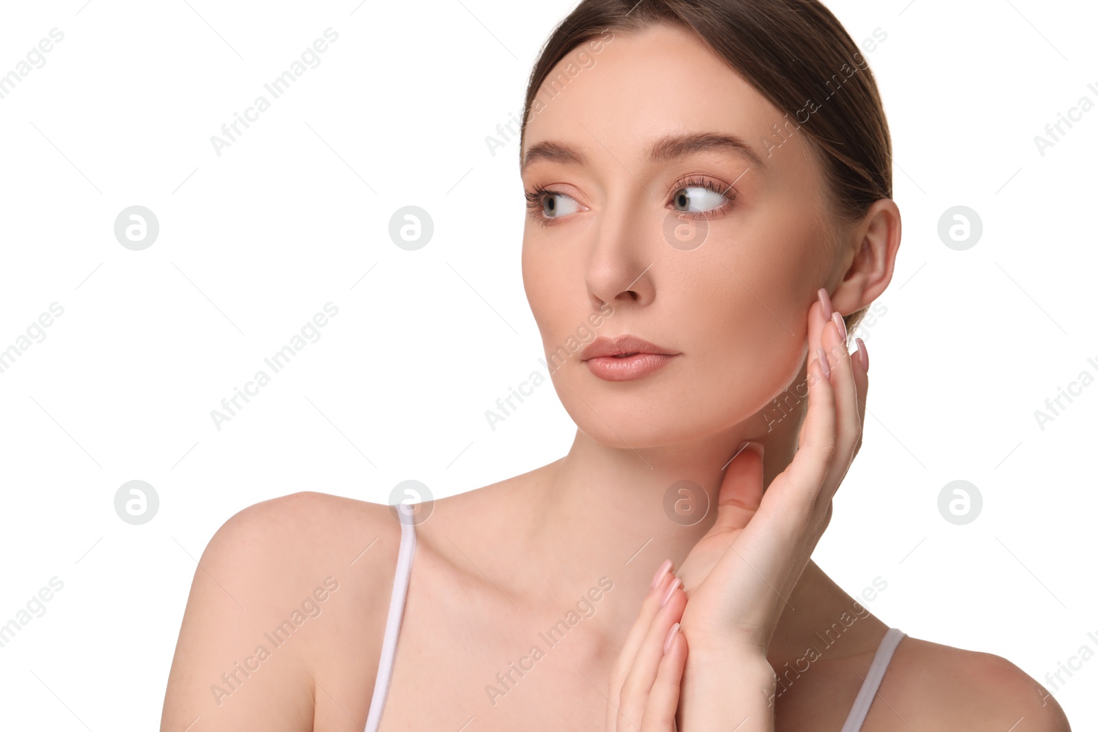 Photo of Beautiful woman with healthy skin on white background