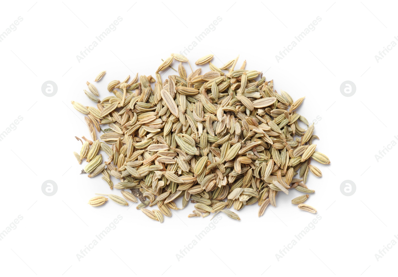 Photo of Pile of dry fennel seeds isolated on white, top view