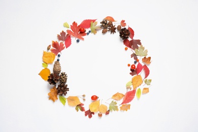 Frame made of autumn leaves on white background, top view. Space for text