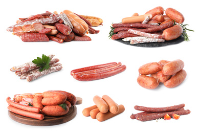 Image of Set with different tasty sausages on white background