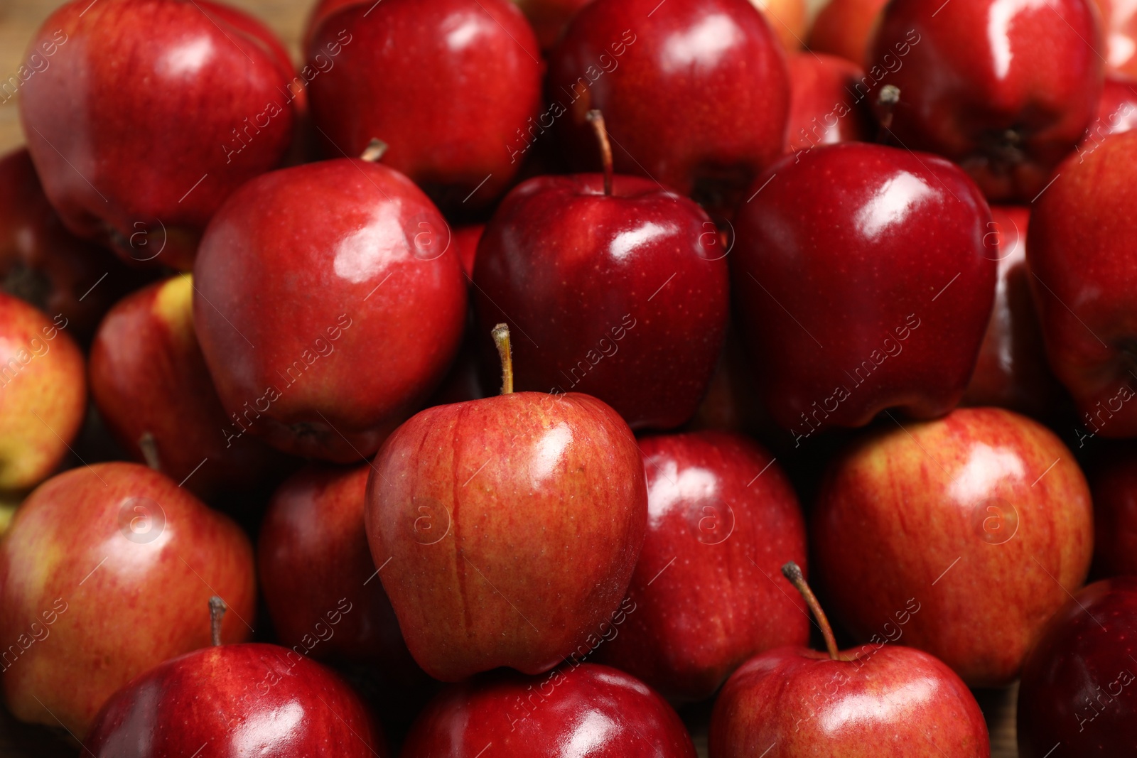 Photo of Fresh ripe red apples as background, closeup