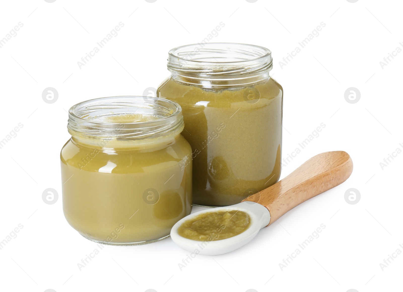 Photo of Tasty baby food in jars and spoon isolated on white