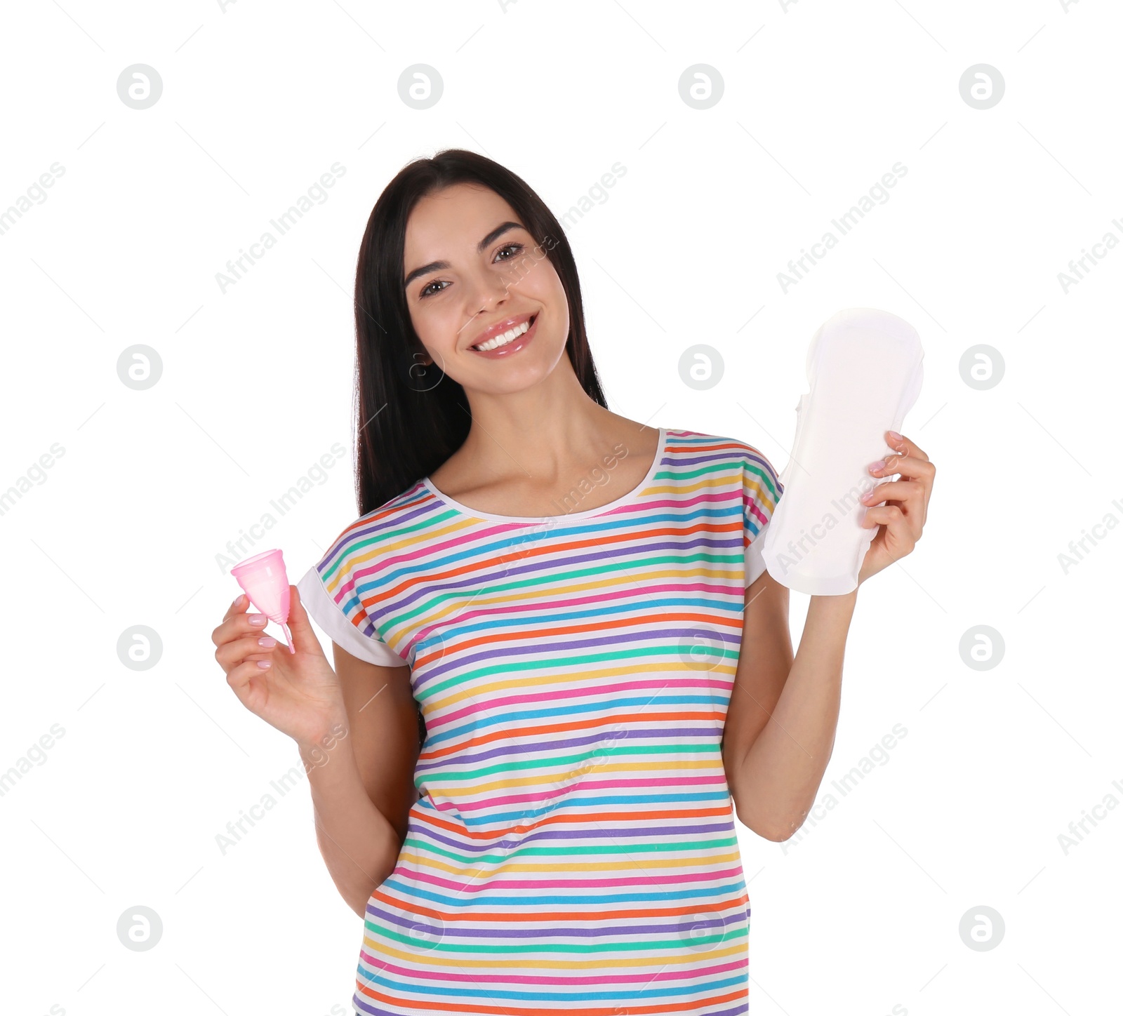 Photo of Young woman with menstrual cup and pad on white background