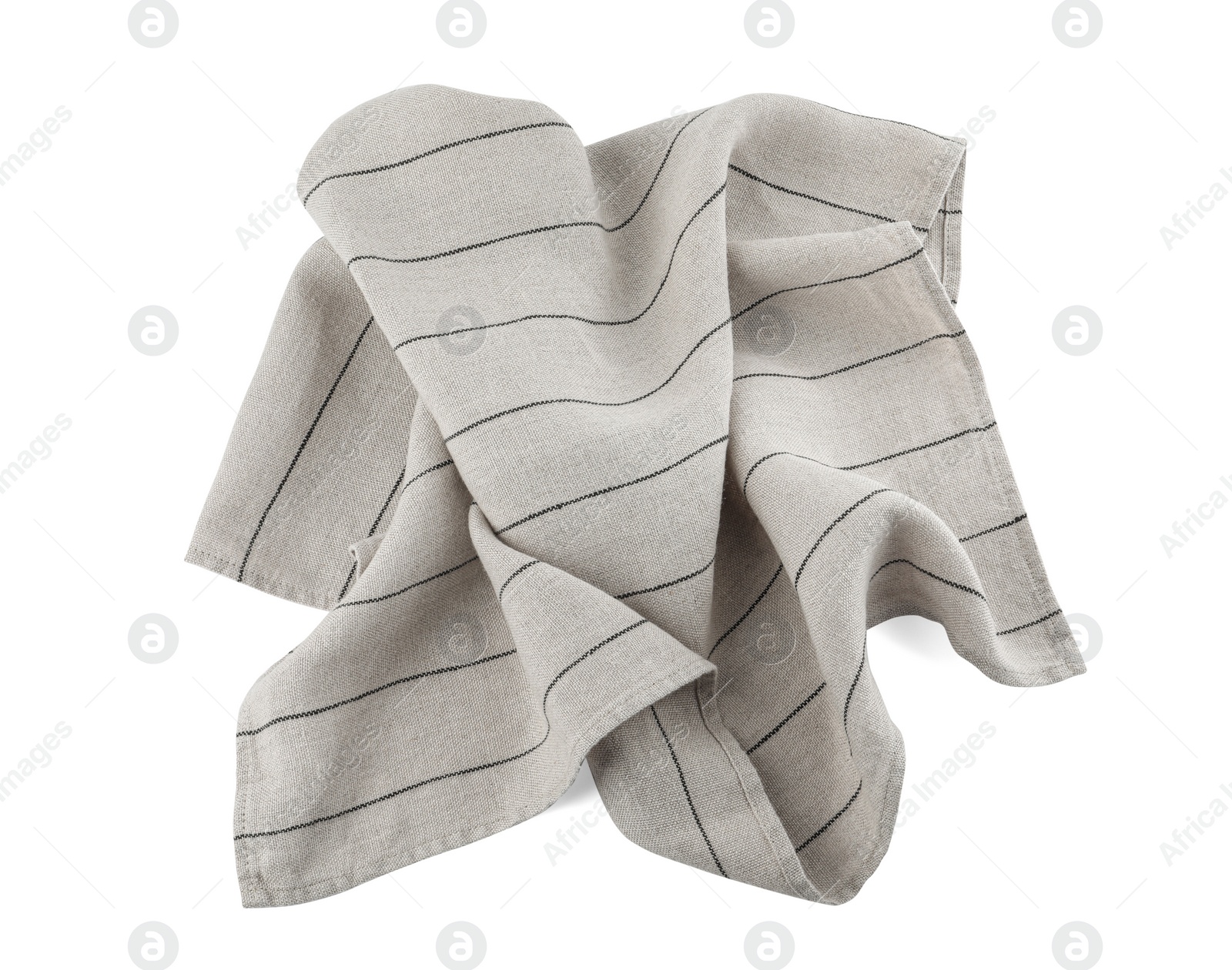 Photo of Light grey cloth napkin with stripes isolated on white, top view