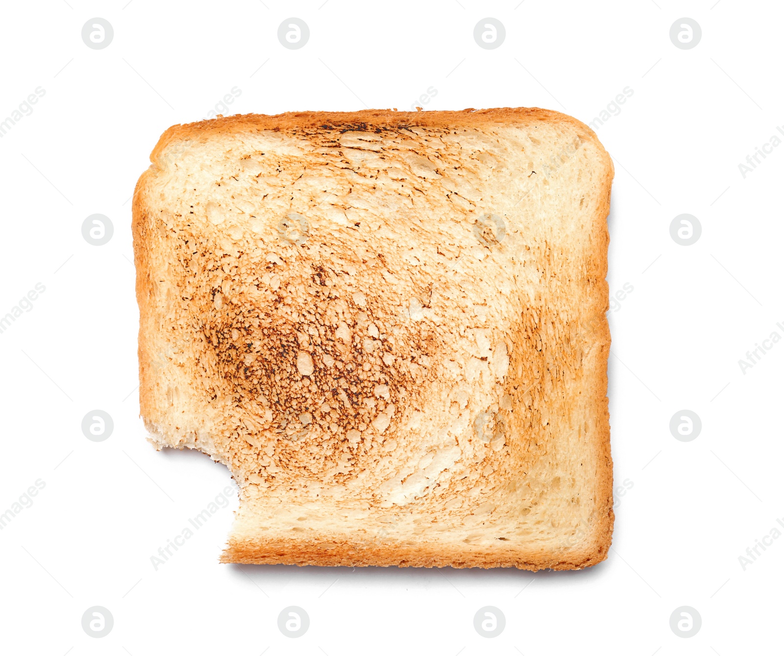 Photo of Toasted bread with bite mark on white background, top view