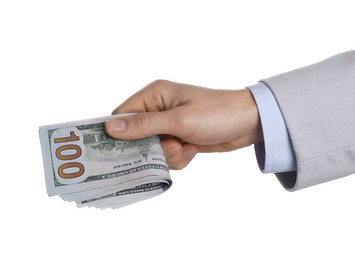 Photo of Money exchange. Woman holding dollar banknotes on white background, closeup