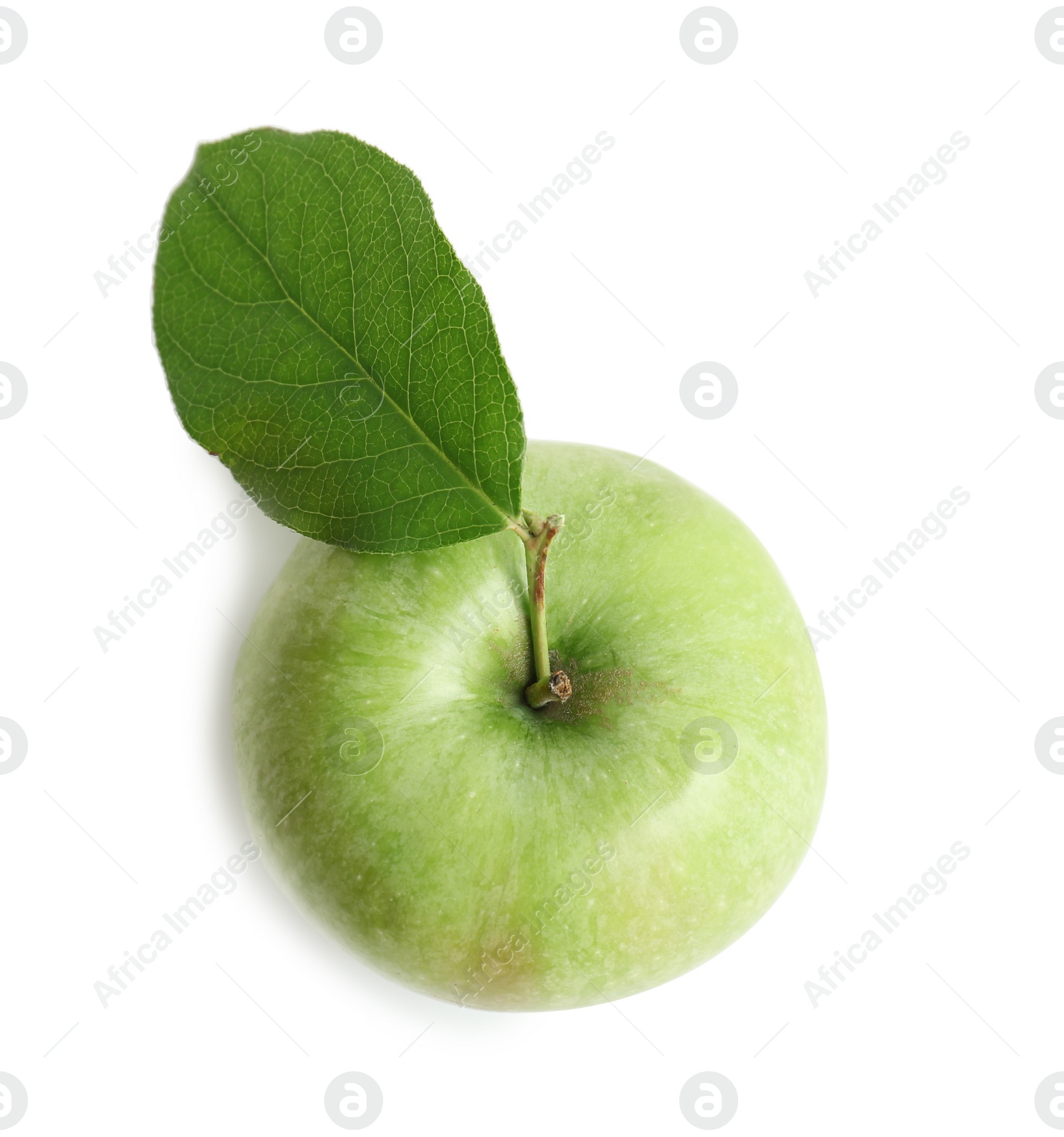 Photo of Fresh green apple with leaf on white background