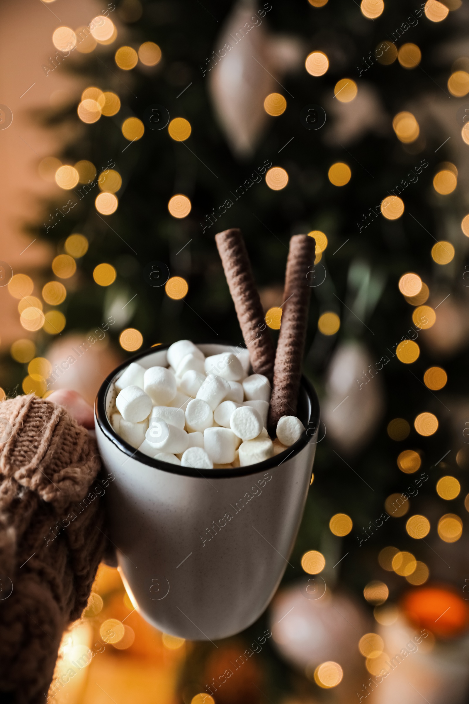 Photo of Woman with cup of cocoa indoors, closeup. Christmas mood