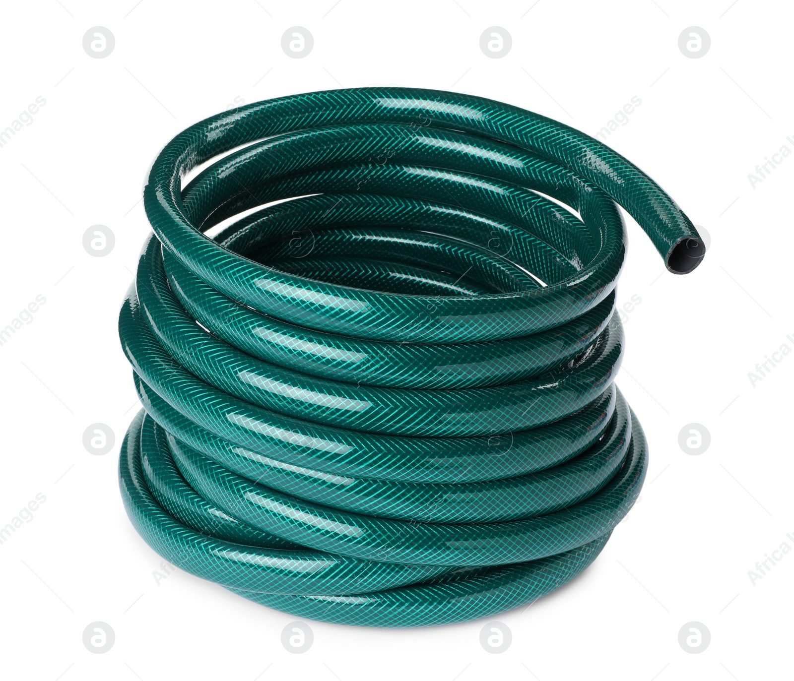 Photo of Green rubber watering hose isolated on white