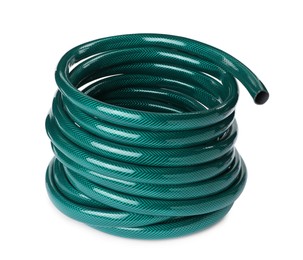 Photo of Green rubber watering hose isolated on white