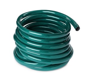 Green rubber watering hose isolated on white