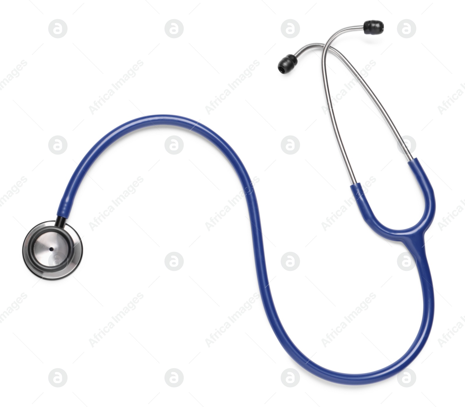 Photo of Modern stethoscope on white background, top view