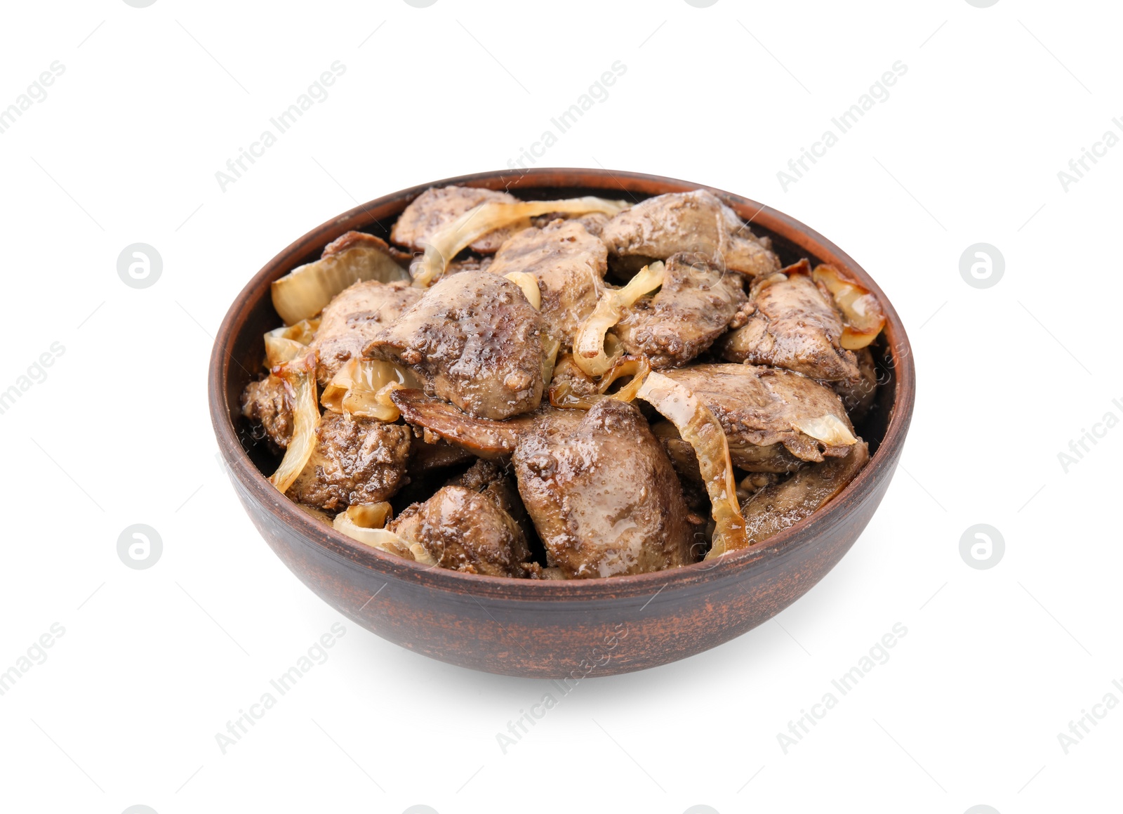 Photo of Tasty fried chicken liver with onion in bowl isolated on white