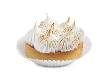 Photo of Tartlet with meringue isolated on white. Tasty dessert