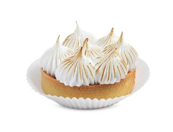 Tartlet with meringue isolated on white. Tasty dessert